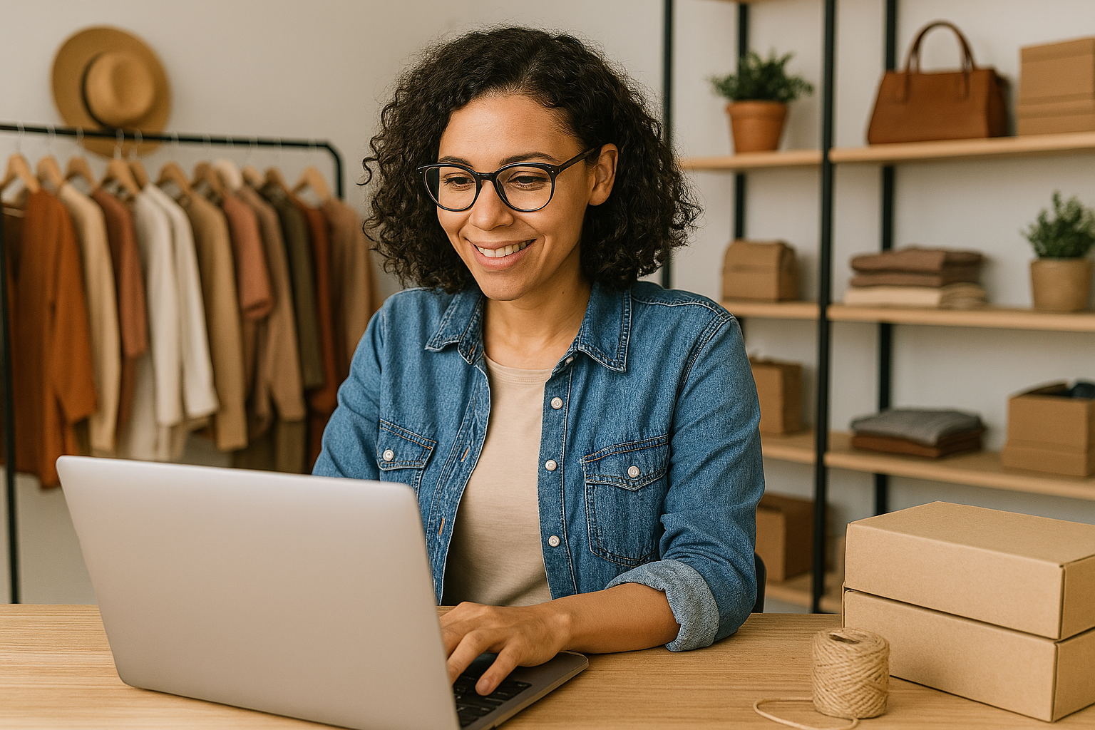 Smiling woman in glasses and denim jacket working on a laptop at a wooden table surrounded by boxes and clothing racks.