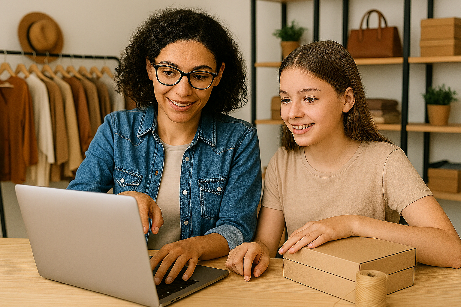 Two women smiling while working together on a laptop with a closed cardboard box on the table in a clothing store.