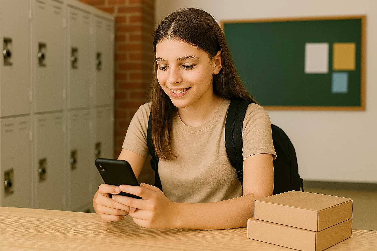 Smiling teenage girl with backpack sitting at a table, looking at her smartphone with two stacked cardboard boxes beside her.