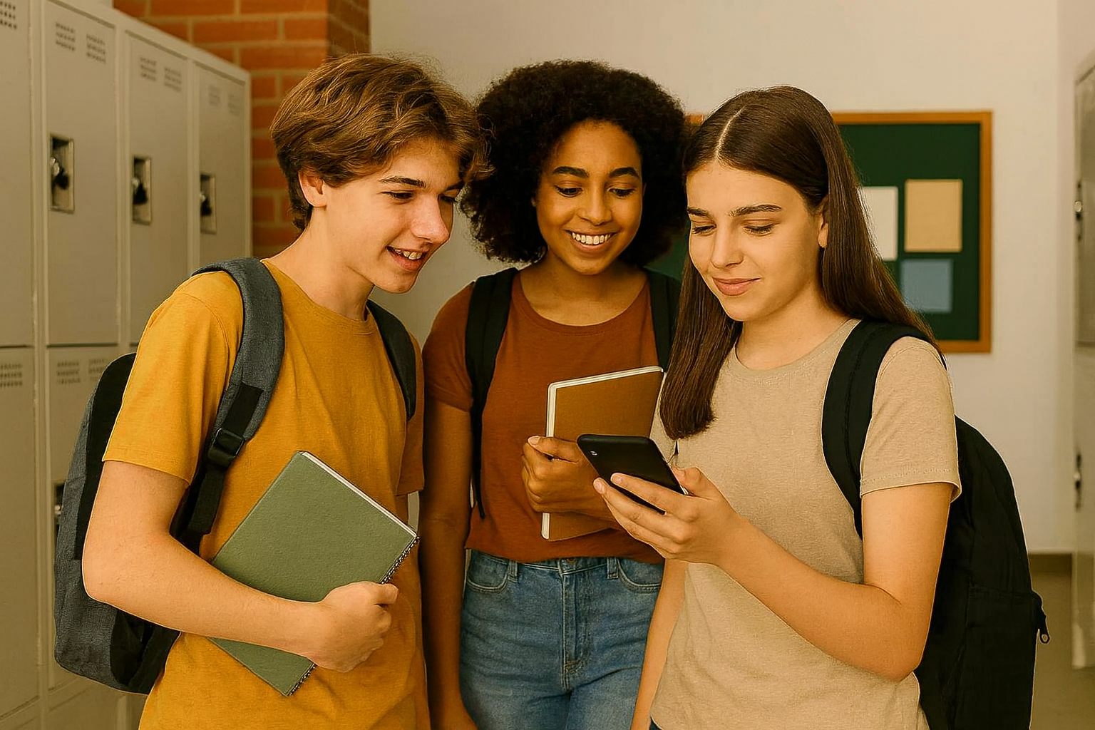 Three high school students standing in a hallway, looking at a smartphone and smiling, each holding notebooks and wearing backpacks.