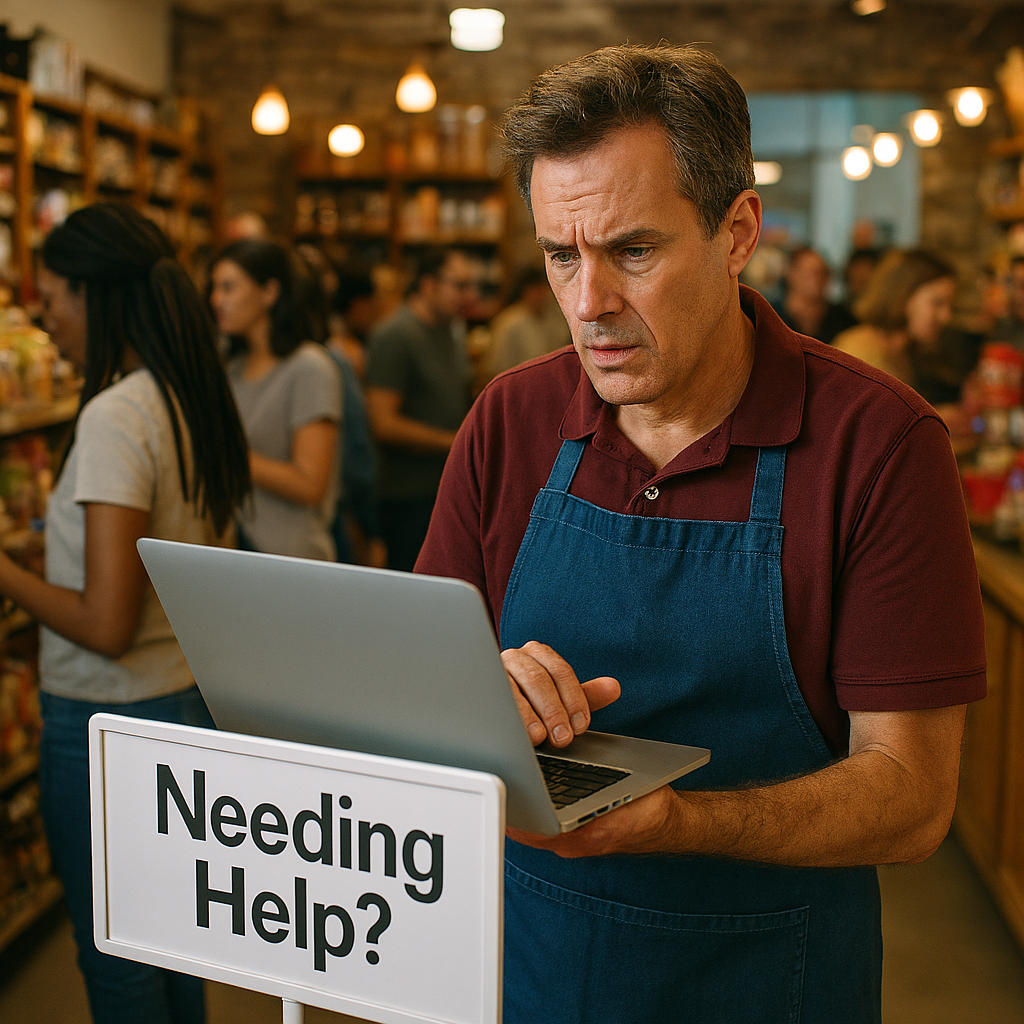 Store employee in a blue apron looking concerned while using a laptop next to a sign that says 'Needing Help?' in a busy grocery store aisle.