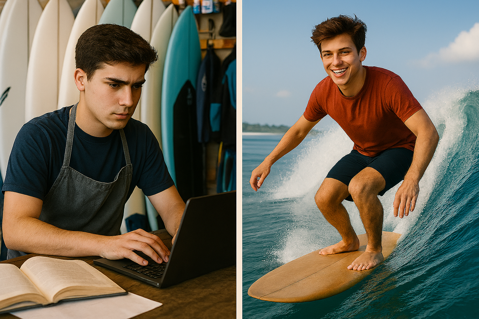 Left: Young man focused on typing on a laptop at a surf shop with surfboards in the background. Right: Smiling young man surfing on a wave wearing a red shirt and black shorts.