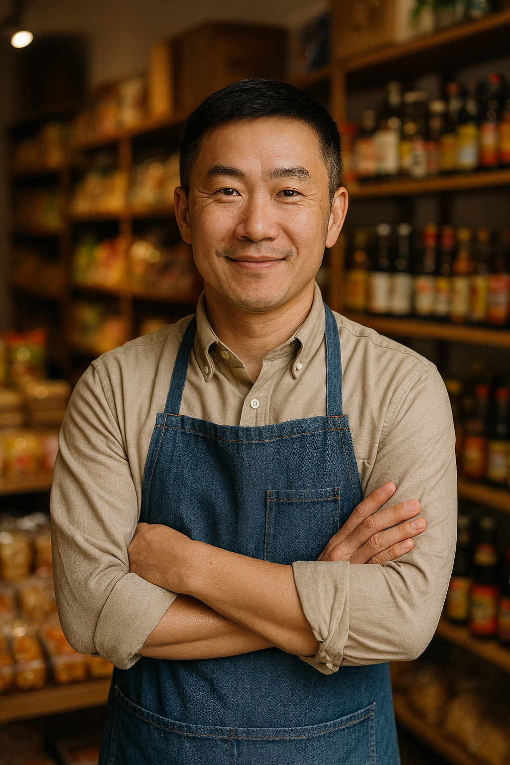 Smiling man wearing a denim apron stands with arms crossed in a well-stocked grocery store.