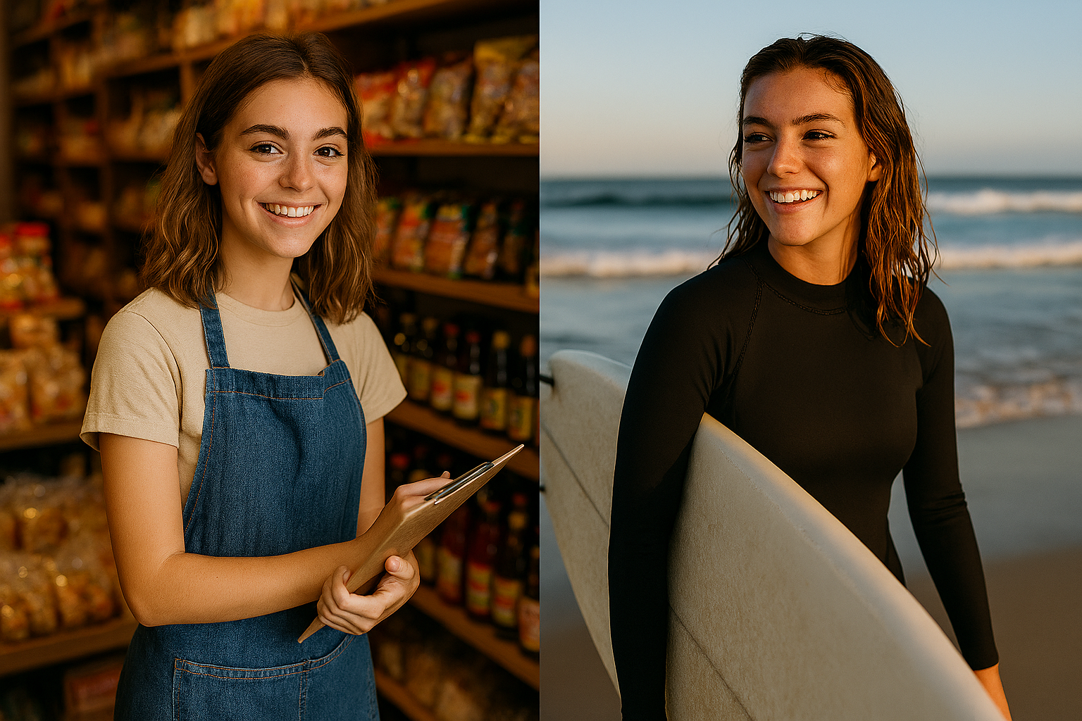 Smiling young woman in a denim apron holding a clipboard in a grocery store and the same woman holding a surfboard on the beach at sunset.