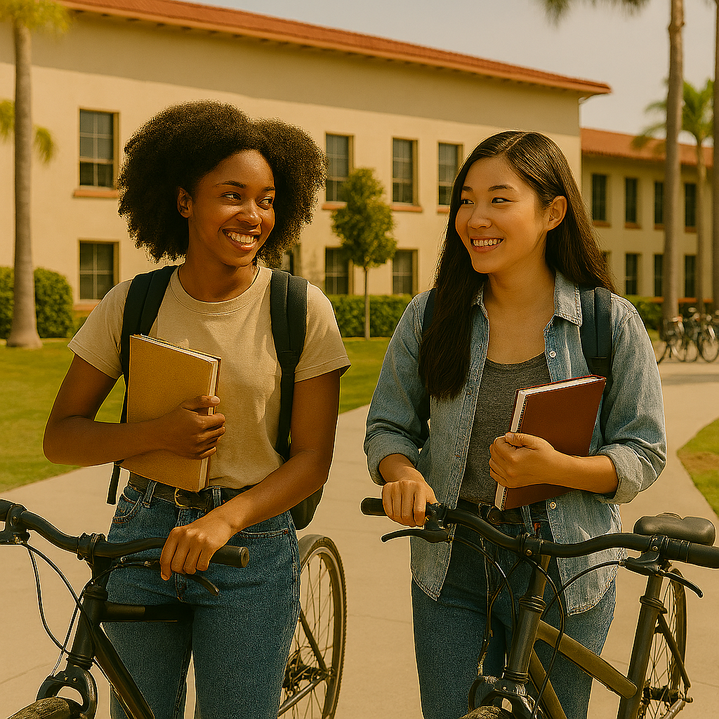 Two smiling female students holding books and pushing bicycles on a campus pathway in front of a building with palm trees.