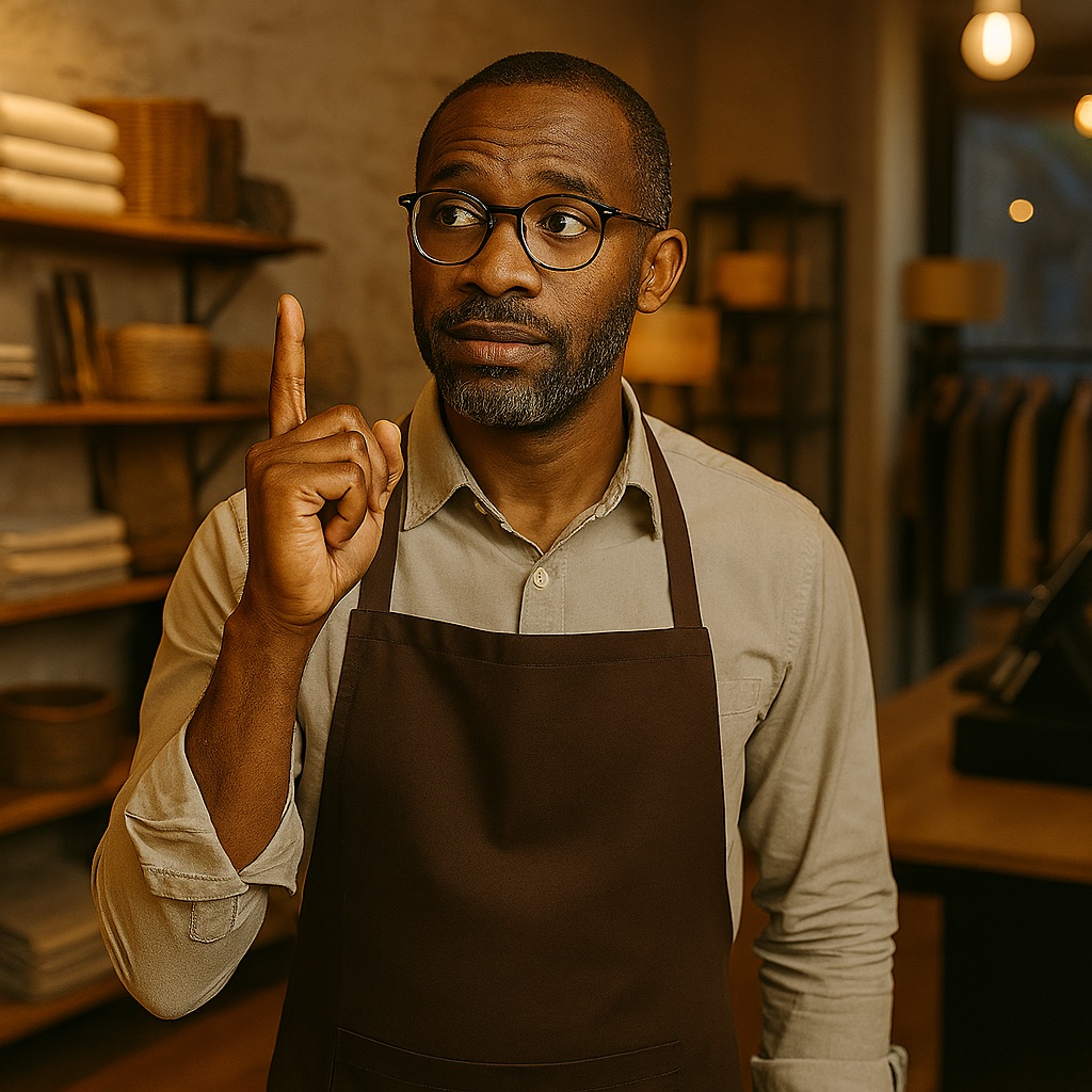 Man wearing glasses and a dark apron pointing upward with his index finger in a warmly lit store interior.