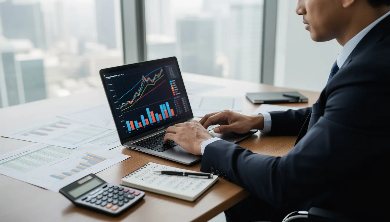 A financial advisor is focused on their laptop, analyzing charts and planning documents spread across the desk, which are essential for developing effective financial plans and marketing strategies aimed at attracting new clients and engaging existing ones. The scene reflects the advisor's commitment to providing investment advice and personalized financial assessments to current and prospective clients.