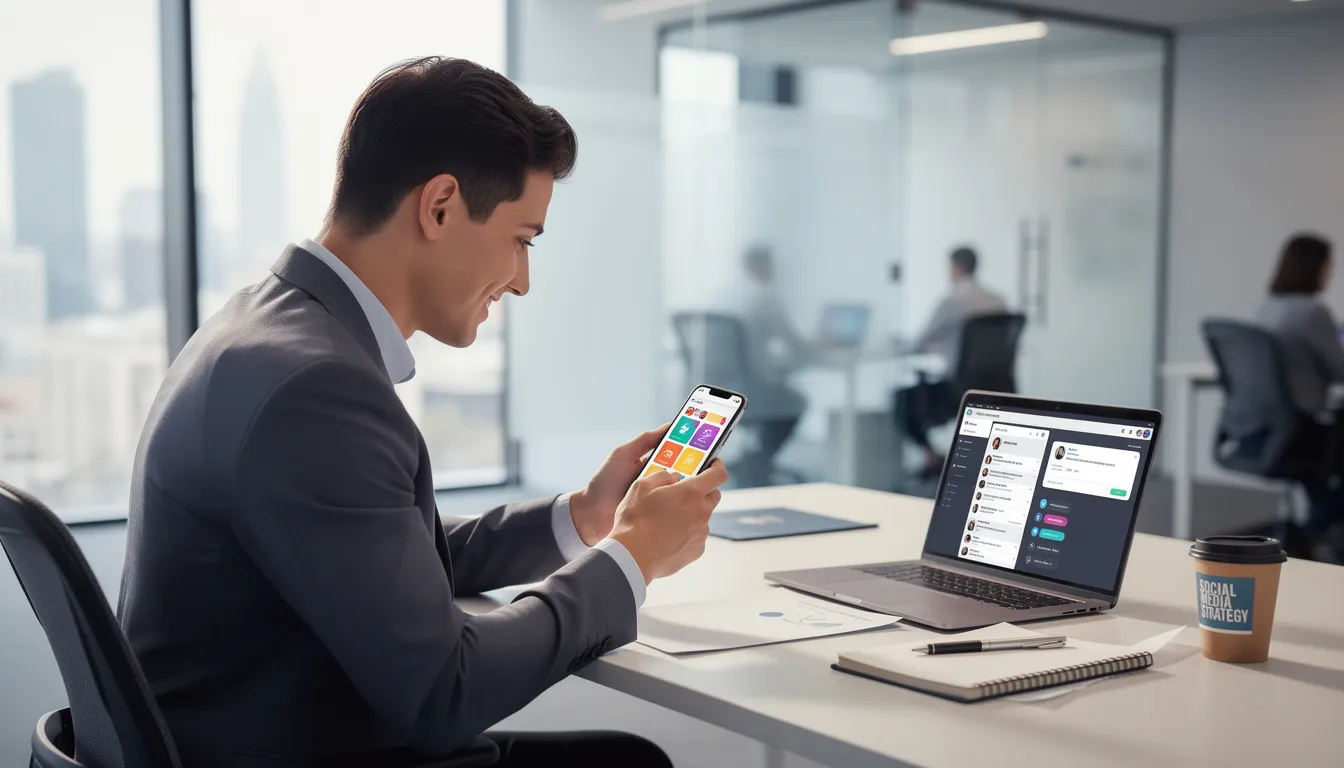 A professional financial advisor is using a smartphone to engage with social media content in a modern office setting, highlighting the importance of social media marketing strategies in attracting new clients and enhancing existing client relationships. The image reflects the use of digital marketing to connect with current and prospective clients through relevant content on social media platforms.