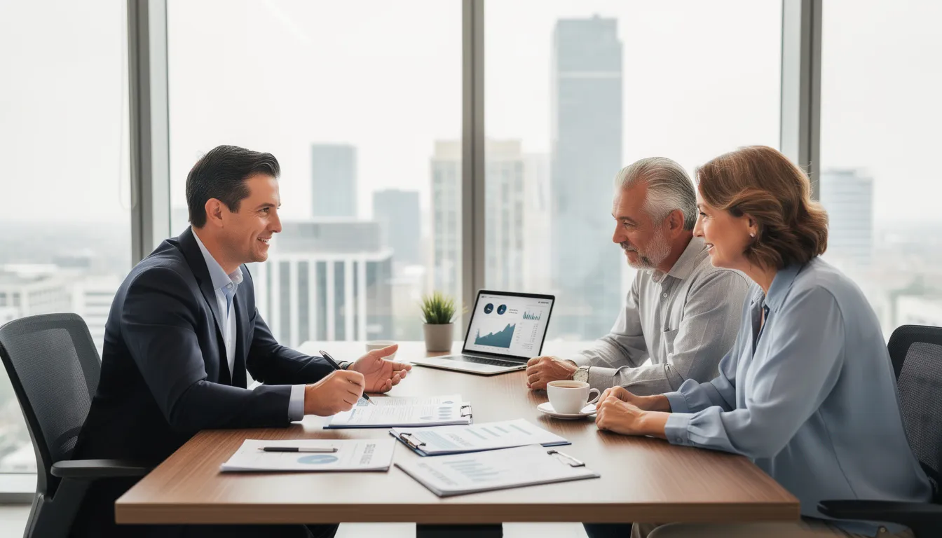 A professional financial advisor is seated at a modern desk in a sleek office, discussing investment strategies with a middle-aged couple, who appear engaged and attentive. This scene highlights the importance of personalized financial assessments and relationship marketing in attracting new clients and fostering existing relationships within financial advisory practices.