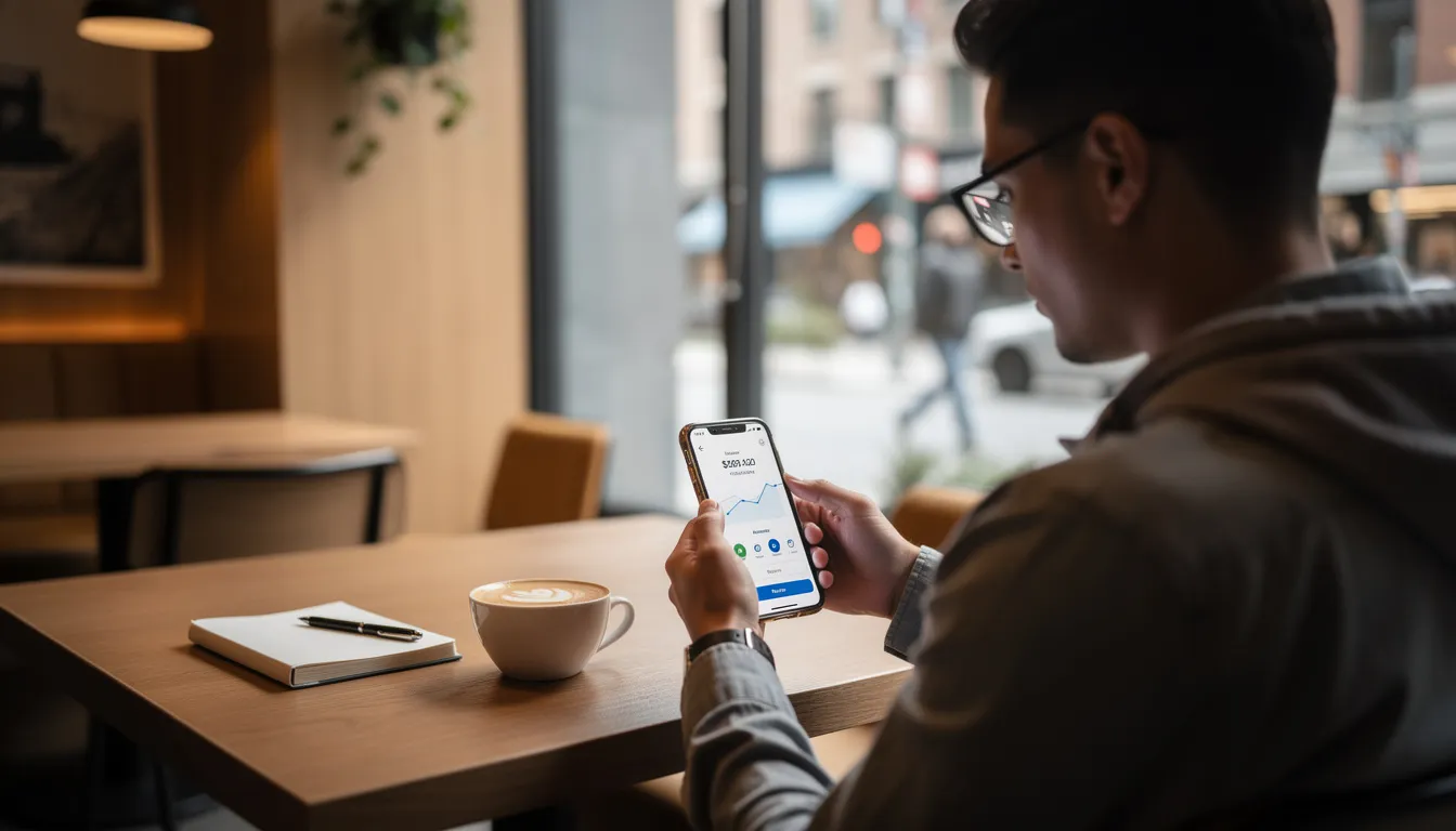 A person is seated at a cafe, intently using a smartphone banking app, embodying the digital disruption in the financial services industry. This scene reflects the growing reliance on technology by financial institutions to enhance customer relationships and deliver reliable services.