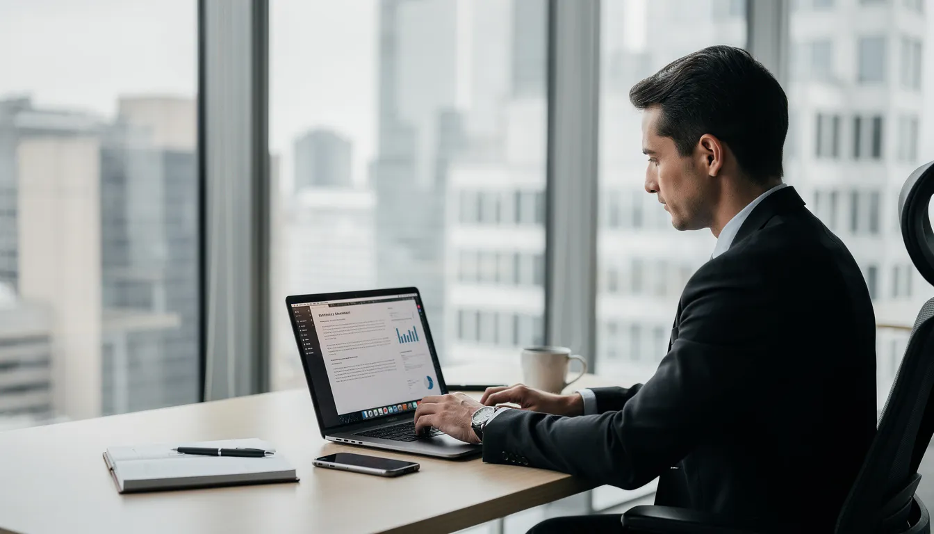 A professional sits at a modern office desk, intently reviewing content on a laptop screen, which likely pertains to brand strategy for financial services firms. The setting reflects a focus on innovation and clarity, essential for maintaining a strong brand identity in the competitive financial services industry.
