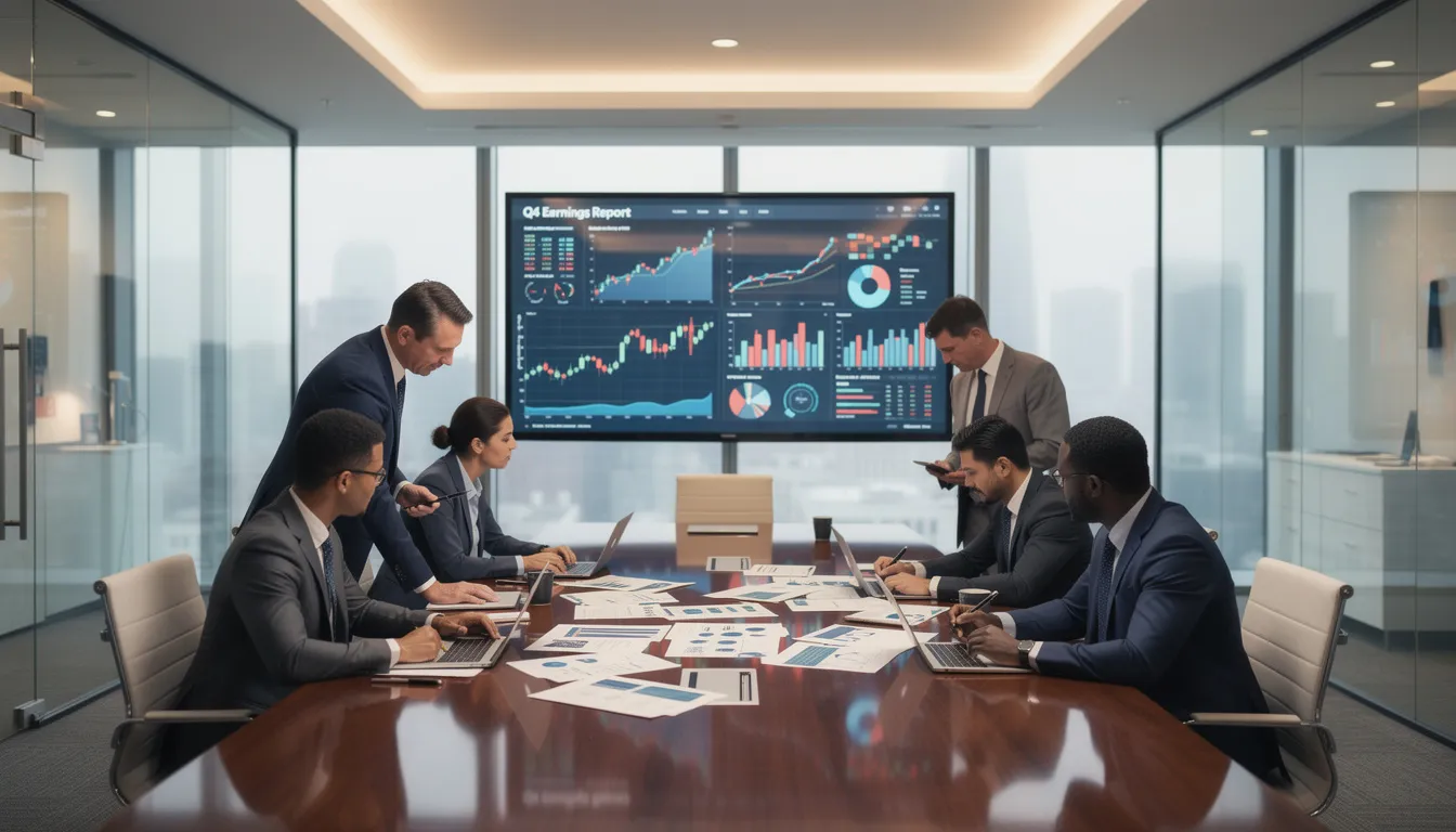 A modern conference room is filled with financial professionals engaged in discussions, reviewing documents and analyzing charts displayed on a large screen. This setting reflects the collaborative efforts of financial services firms as they strategize and work towards building strong financial brands and long-term growth.