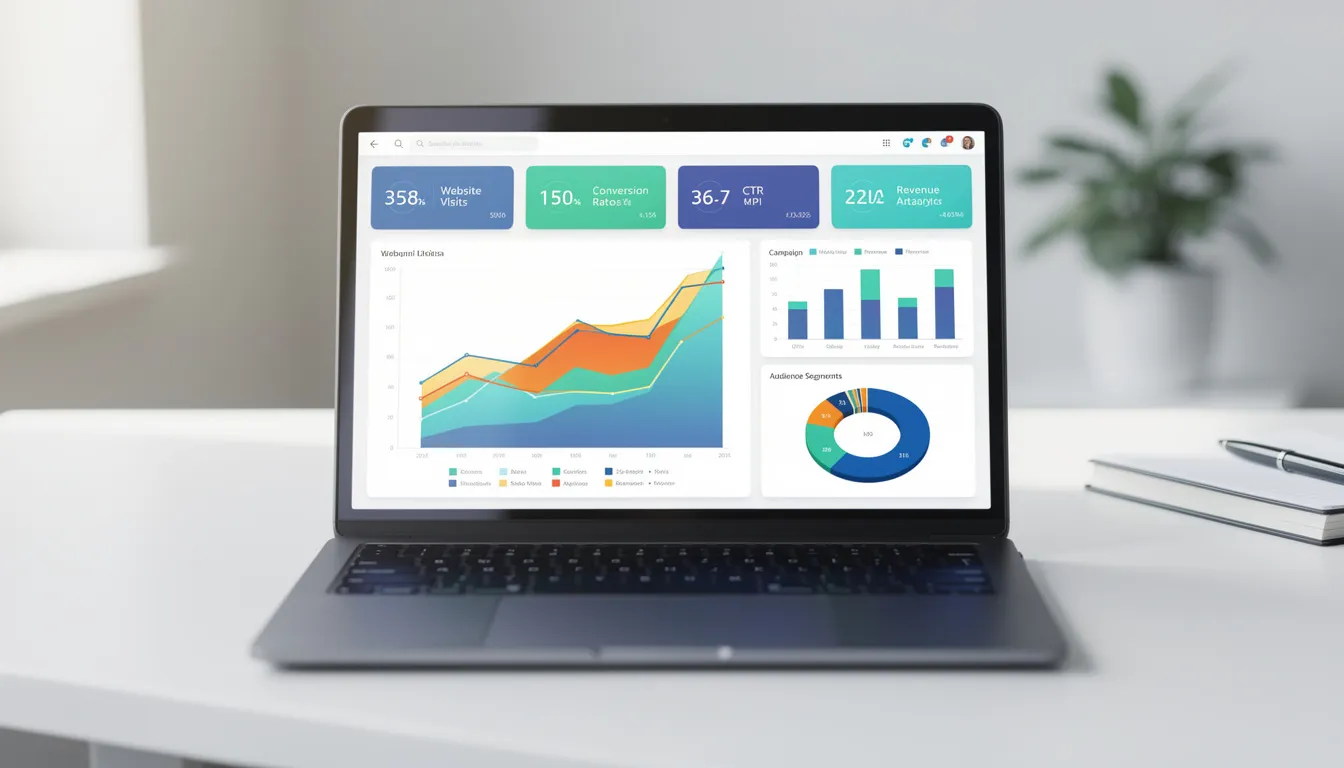 The image shows a laptop screen featuring a marketing analytics dashboard filled with various charts and graphs, illustrating the performance of marketing efforts for financial advisors. This visual representation provides valuable insights into the effectiveness of digital marketing strategies and lead generation for financial advisory firms.