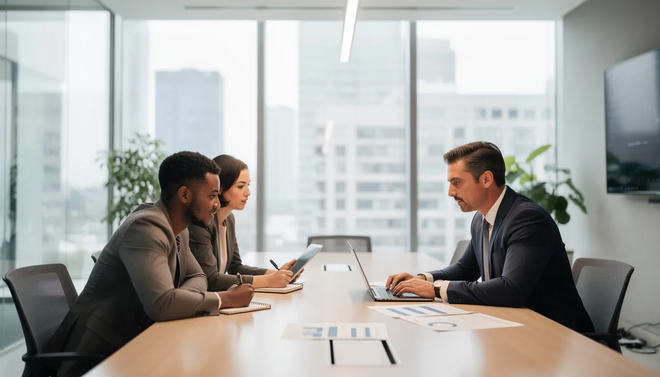 A professional financial advisor is engaged in a discussion with clients in a sleek, modern office, showcasing the importance of financial services expertise and effective marketing strategies to attract ideal clients. The setting emphasizes a collaborative atmosphere where advisors share valuable insights and practical guidance to support their clients' financial goals.