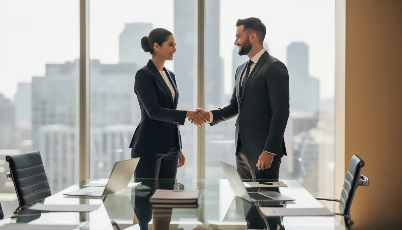 The image depicts two business professionals, likely financial advisors, shaking hands in agreement, symbolizing a successful partnership or collaboration. This moment reflects the importance of strong marketing strategies in the financial advisory sector, highlighting the role of marketing agencies in helping advisors attract ideal clients and achieve their business objectives.