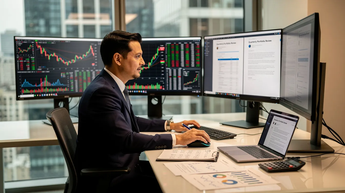 A professional financial advisor is seated at a modern desk, surrounded by multiple monitors that display various financial charts and documents, illustrating the dynamic nature of the financial services industry. This setup reflects the importance of digital marketing strategies and content creation in effectively addressing the needs of prospective clients and existing clients alike.