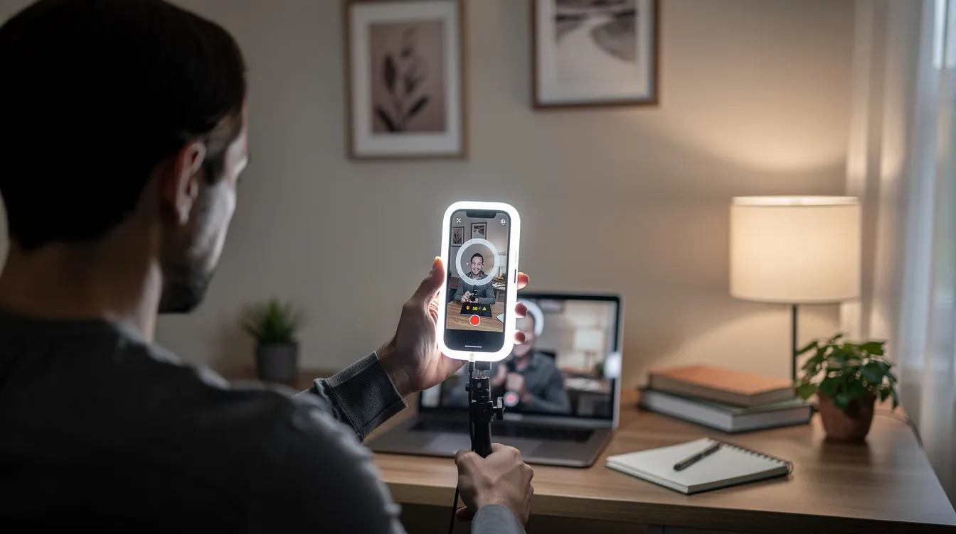 A person is recording a video on their smartphone using a ring light in a well-organized home office, showcasing a digital marketing setup ideal for financial advisors. This scene highlights the importance of video content in content marketing strategies aimed at engaging prospective clients and enhancing social media engagement in the financial services industry.
