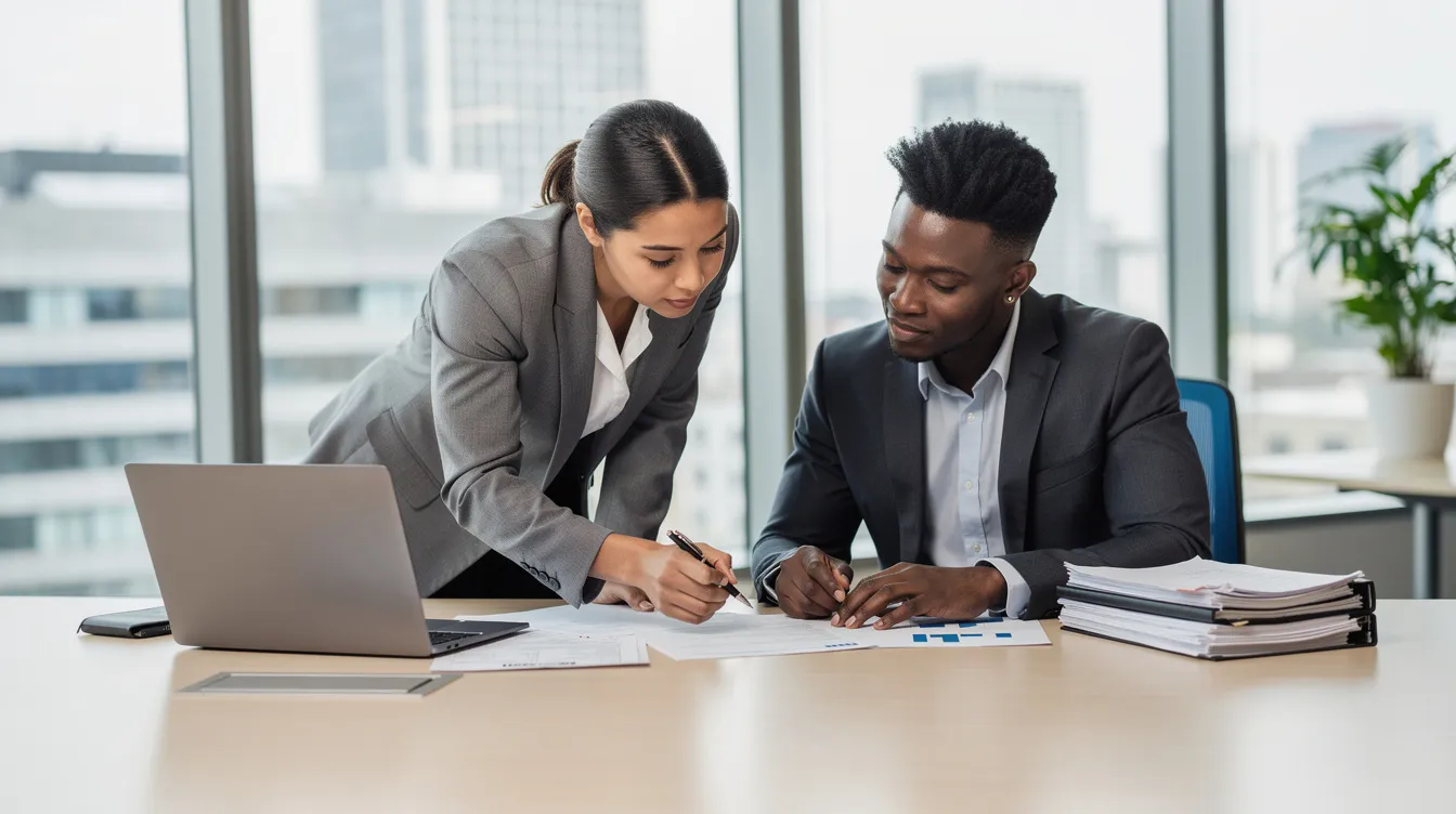 The image depicts two financial advisors collaborating at a modern office table, reviewing documents that likely contain investment strategies and marketing plans aimed at engaging prospective clients. Their focused discussion highlights the importance of effective financial services marketing and building strong client relationships.
