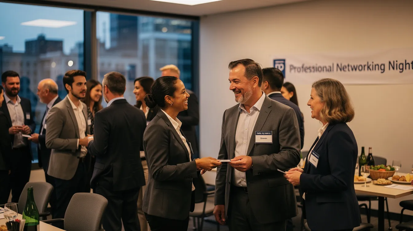 The image depicts a small professional networking event where financial advisors and wealth managers engage in conversations, fostering relationships with current and prospective clients. The atmosphere is lively, highlighting the importance of effective marketing strategies and client interactions within the financial services industry.