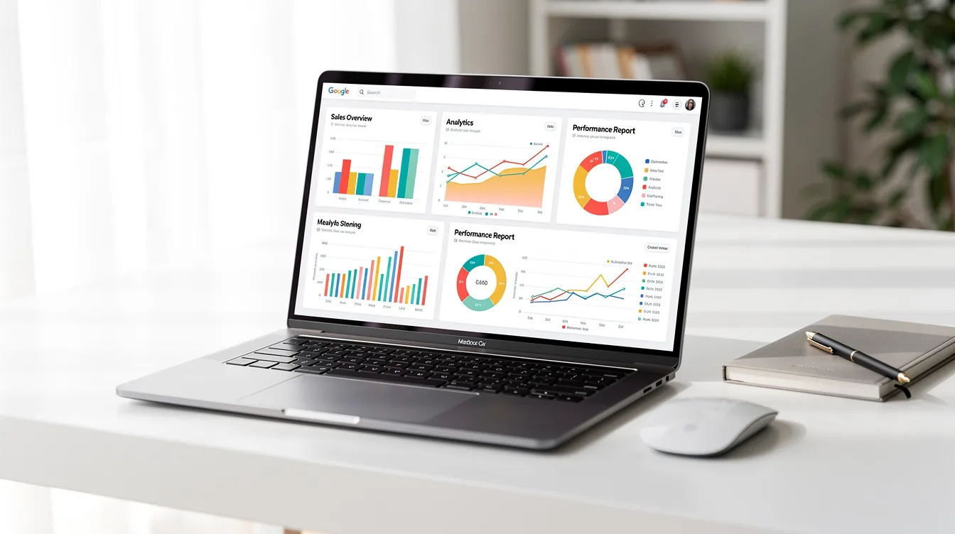 The image features a sleek laptop on a tidy desk, showcasing colorful charts and analytics, which symbolize the marketing strategies employed by financial advisors to engage current and prospective clients. This visual highlights the importance of digital marketing and data-driven insights in the financial services industry for sustainable growth and client retention.