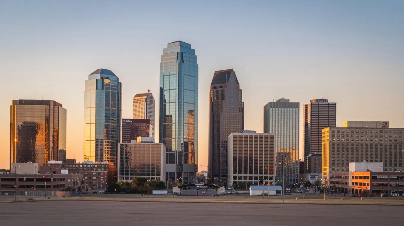 The image showcases the Dallas skyline featuring modern buildings set against a clear blue sky, symbolizing the vibrant financial industry and the potential for investment opportunities. This dynamic urban landscape reflects the importance of effective marketing strategies for financial advisors to engage current and prospective clients.