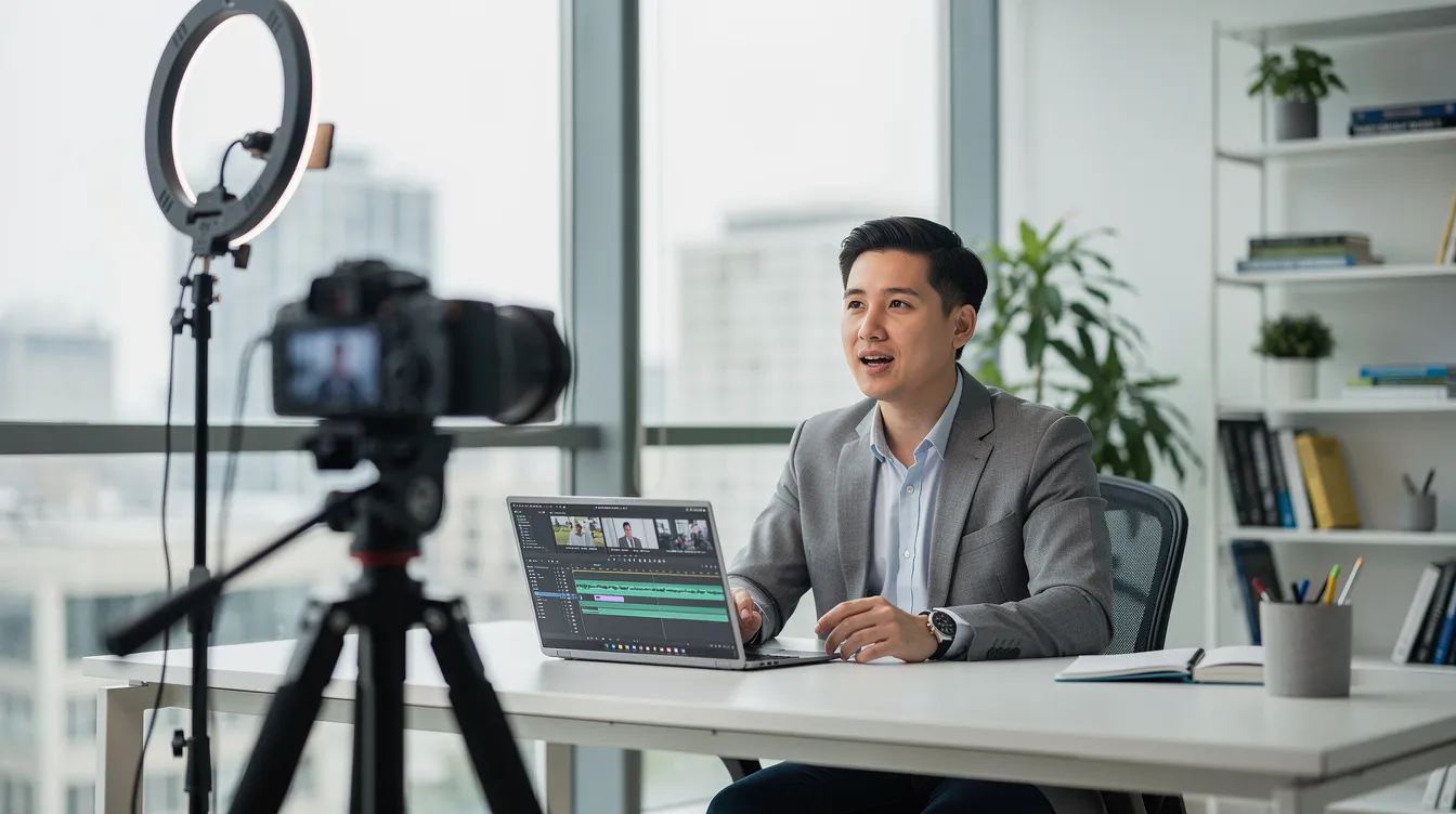 The image shows a financial professional recording video content in a sleek, modern office, utilizing digital marketing strategies to engage current and prospective clients. This setting reflects the importance of effective marketing tools and content creation for financial advisors aiming for business growth and successful client relationships.