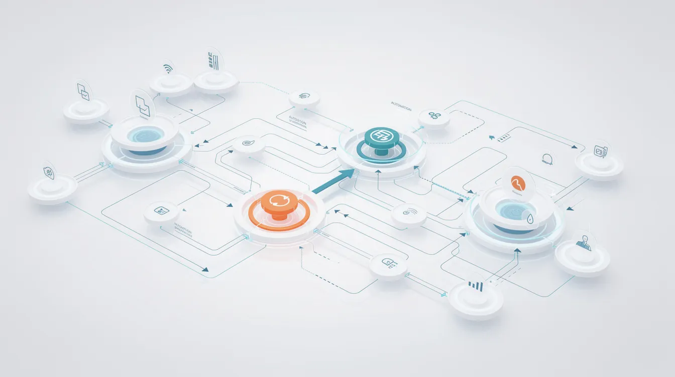 The image depicts a network of interconnected nodes and pathways, symbolizing an automated workflow system designed for financial advisors. This visual representation illustrates the seamless integration of various marketing tools and strategies aimed at enhancing client relationships and optimizing marketing performance in the financial industry.