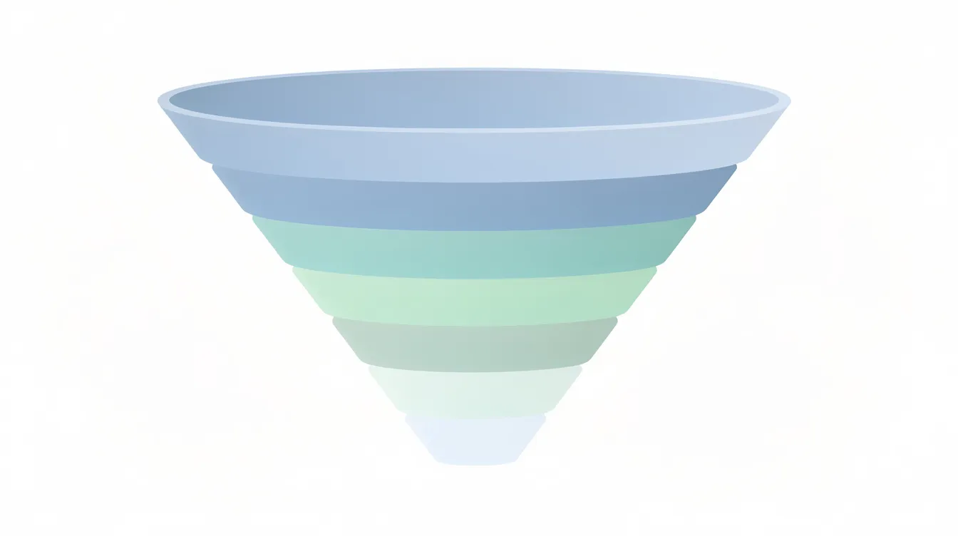 The image features a wide funnel shape composed of layered abstract forms that taper from top to bottom, showcasing soft blue and green tones. This visual metaphor represents the process of financial advisor marketing strategies, illustrating how potential clients are guided through a defined marketing strategy to achieve client acquisition and build relationships.