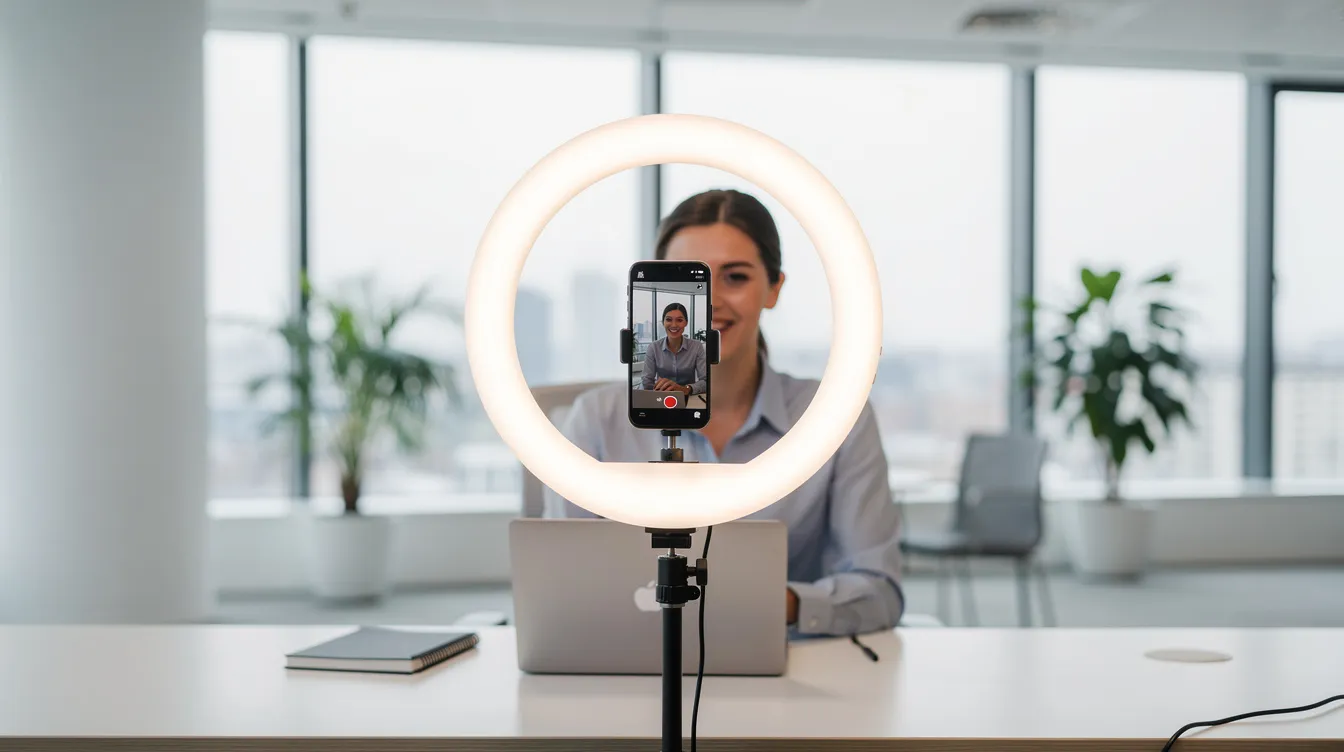 A person is recording a short video on their smartphone, illuminated by a ring light, in a bright and modern office environment. This scene highlights the use of digital marketing strategies, such as social media marketing and content creation, which are essential for financial advisors aiming to attract prospective clients.
