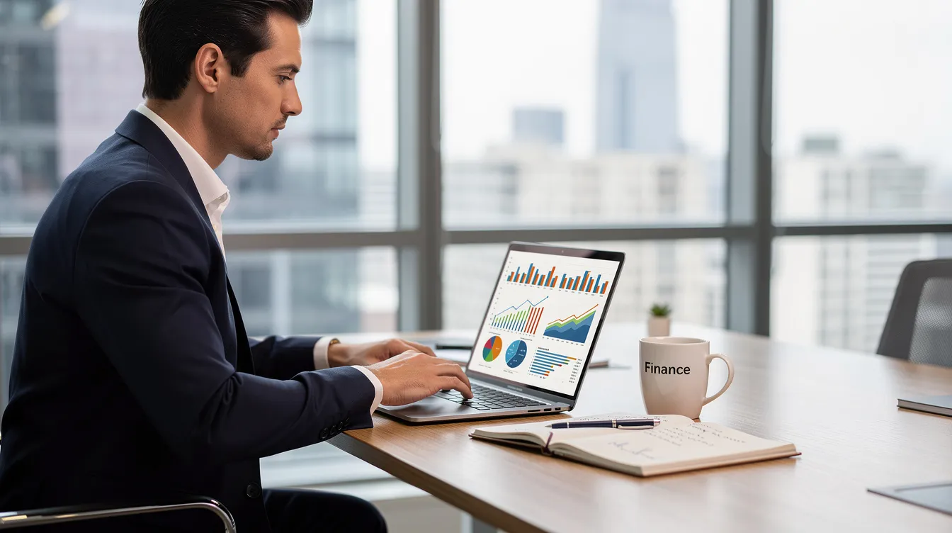 A financial advisor is seated at a modern desk, intently reviewing data on a laptop, while a coffee mug and a notebook are placed nearby. This scene highlights the advisor's focus on developing effective financial advisor marketing strategies to attract prospective clients and enhance their digital marketing efforts.