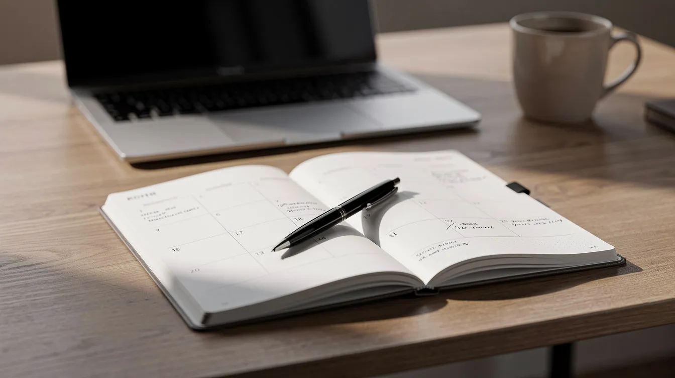An open planner rests on a wooden desk, accompanied by a pen and a laptop in the background, symbolizing the organized approach of financial advisors in developing their marketing strategies. This scene reflects the importance of planning in digital marketing and client acquisition for successful advisors.