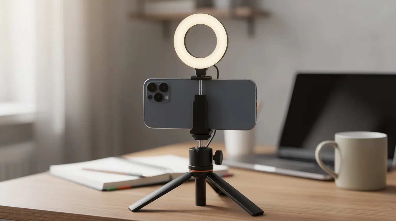A smartphone mounted on a tripod, accompanied by a small ring light, is positioned on a desk, ready to record a video. This setup is ideal for financial advisors looking to enhance their video marketing strategy and engage with prospective clients through high-quality video content.