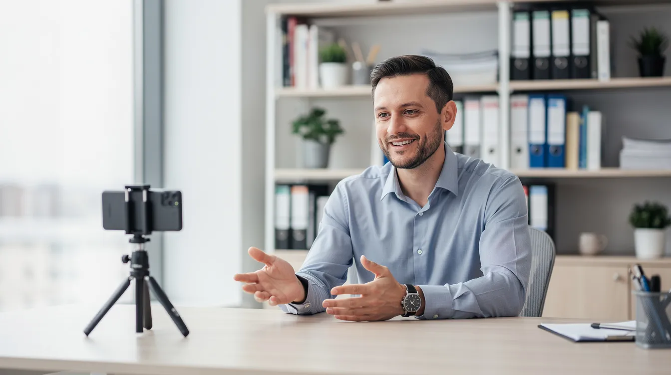 A financial advisor is seated in a bright and organized office, engaging naturally with a camera mounted on a small tripod, aiming to create personalized video content for prospective clients. Behind them, a bookshelf filled with books adds a professional touch, highlighting their expertise in the financial services industry.