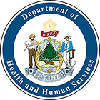 Seal of the Maine Department of Health and Human Services, featuring the state's emblem with a pine tree, moose, and figures, surrounded by the department's name.
