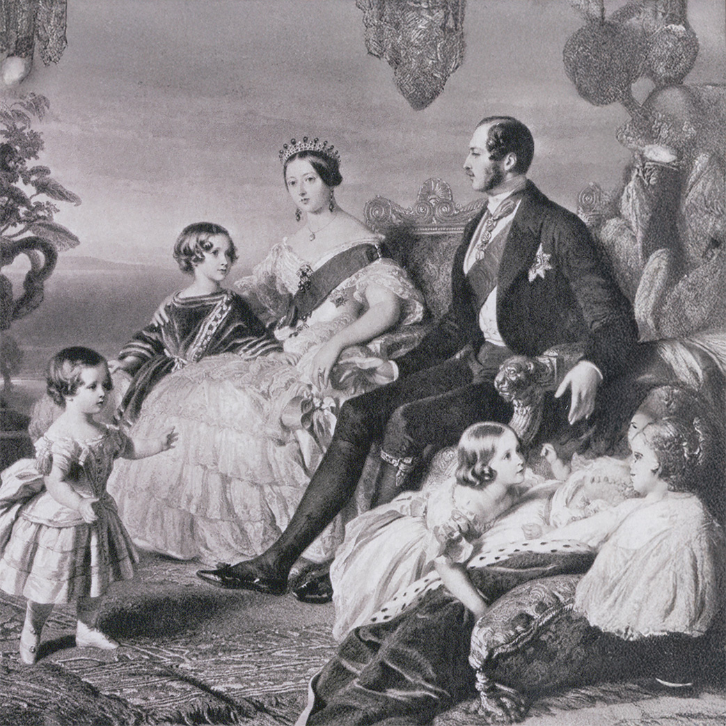 Historical black and white painting of a royal family with a seated king, queen, and children in elaborate dress.