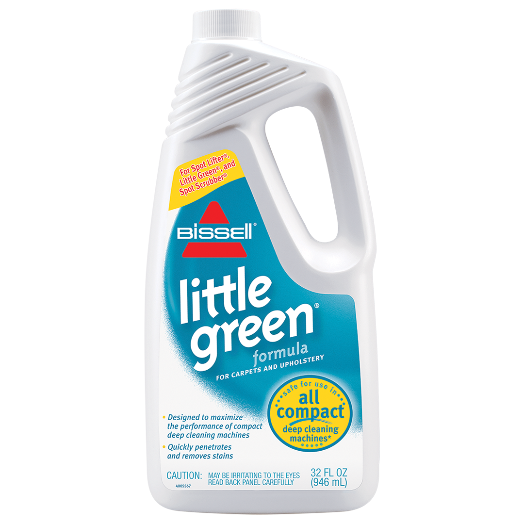 Bissell Little Green formula carpet and upholstery cleaner in a white 32 fl oz bottle.