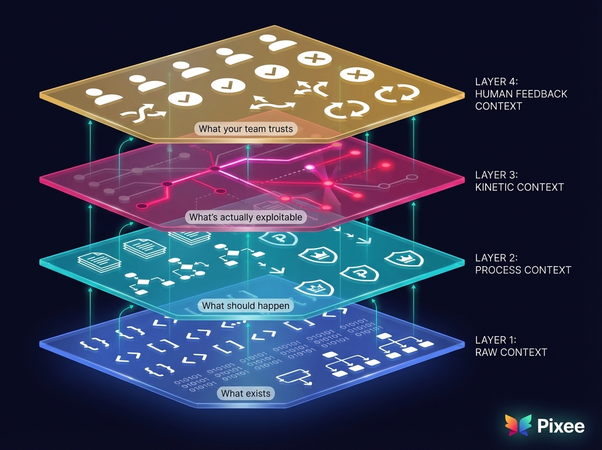The Pixee Context Graph as four stacked layers: Raw Context (what exists), Process Context (what should happen), Kinetic Context (what's actually exploitable), and Human Feedback Context (what your team trusts).