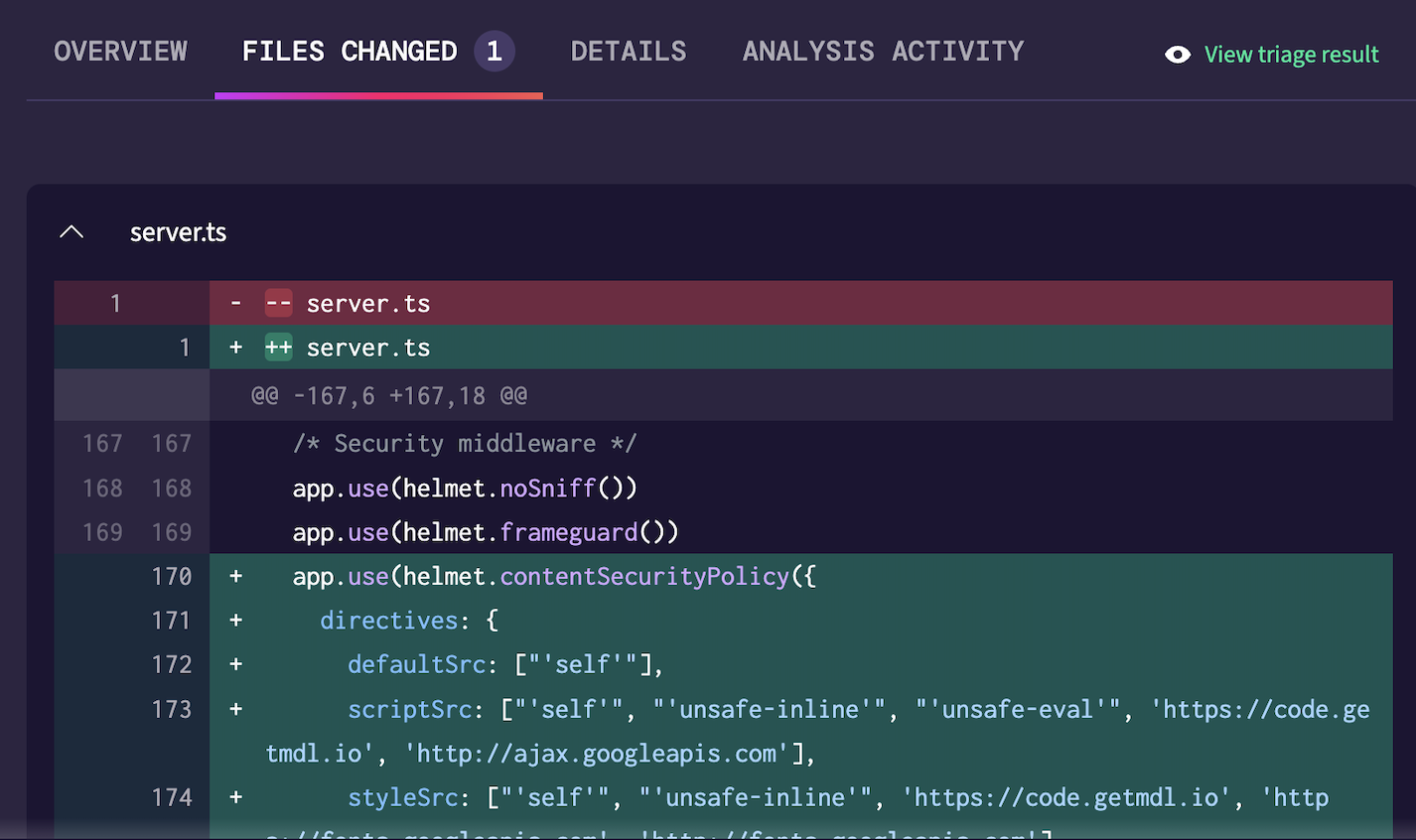 The diff Pixee opened as a pull request: adds helmet.contentSecurityPolicy(...) to the shared middleware in server.ts.