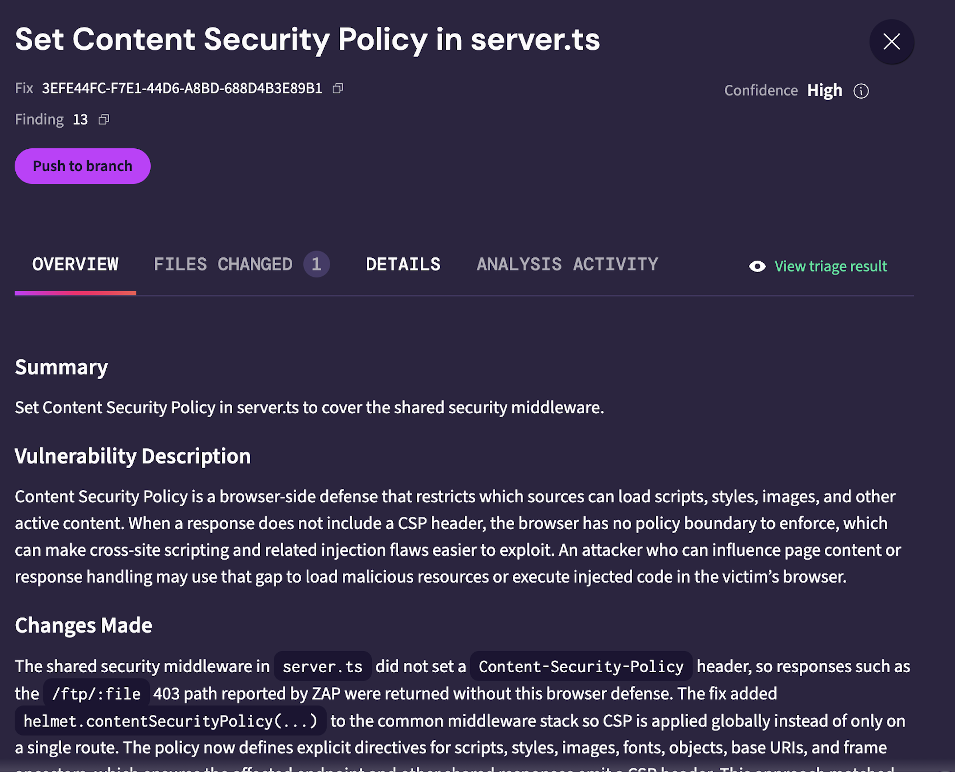 Pixee triage result for a ZAP-reported finding, Set Content Security Policy in server.ts, adjudicated with high confidence.