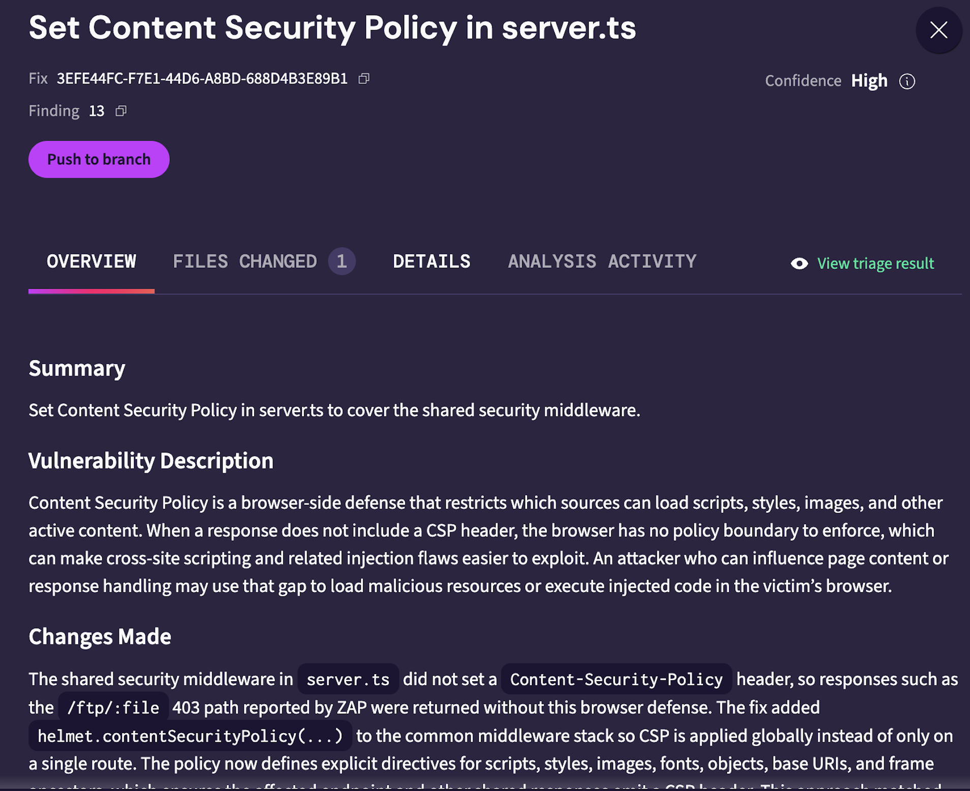 Pixee's explanation of the fix: it resolves the ZAP alert to the shared security middleware in server.ts and describes the change it made.