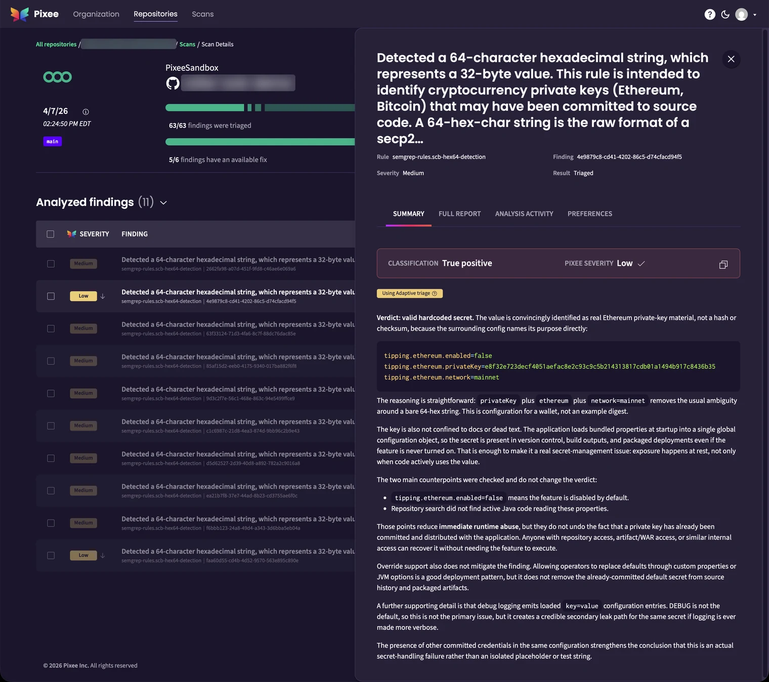 Pixee's UI classifying a 64-character hex string as a true positive: a hardcoded Ethereum private key, with the tipping.ethereum.privateKey config lines that prove it and the counterpoints Pixee checked.