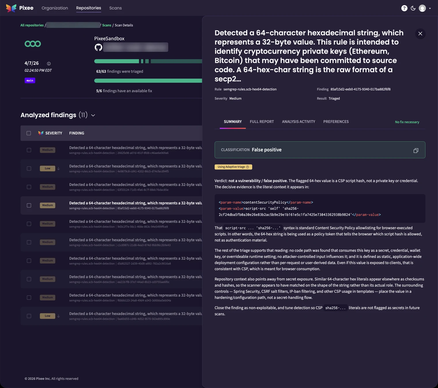 Pixee's UI classifying a 64-character hex string as a false positive: a Content-Security-Policy script hash, not a credential, with the reasoning and surrounding controls Pixee found.