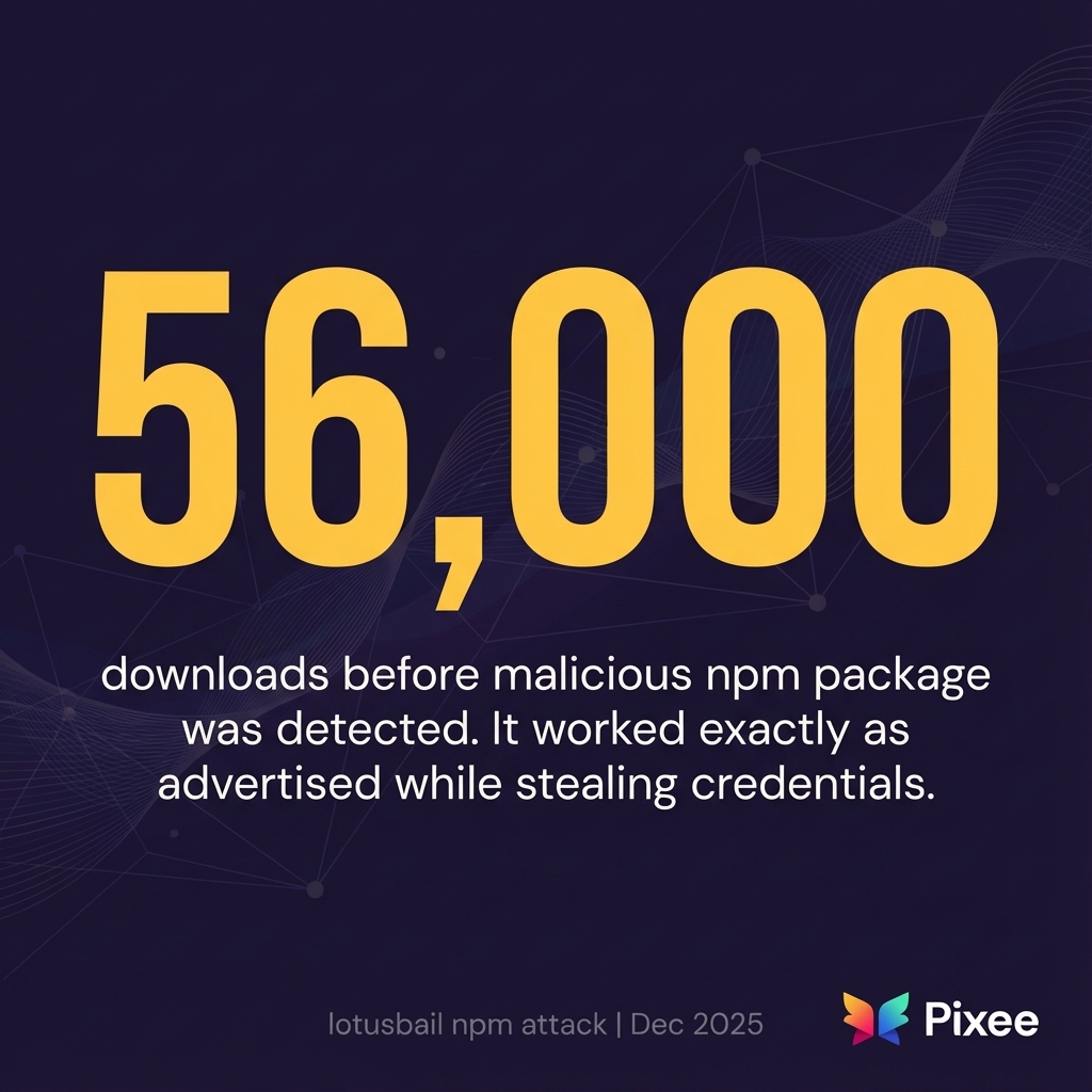 Slide about malicious npm package lotusbail stealing credentials through 56,000 downloads