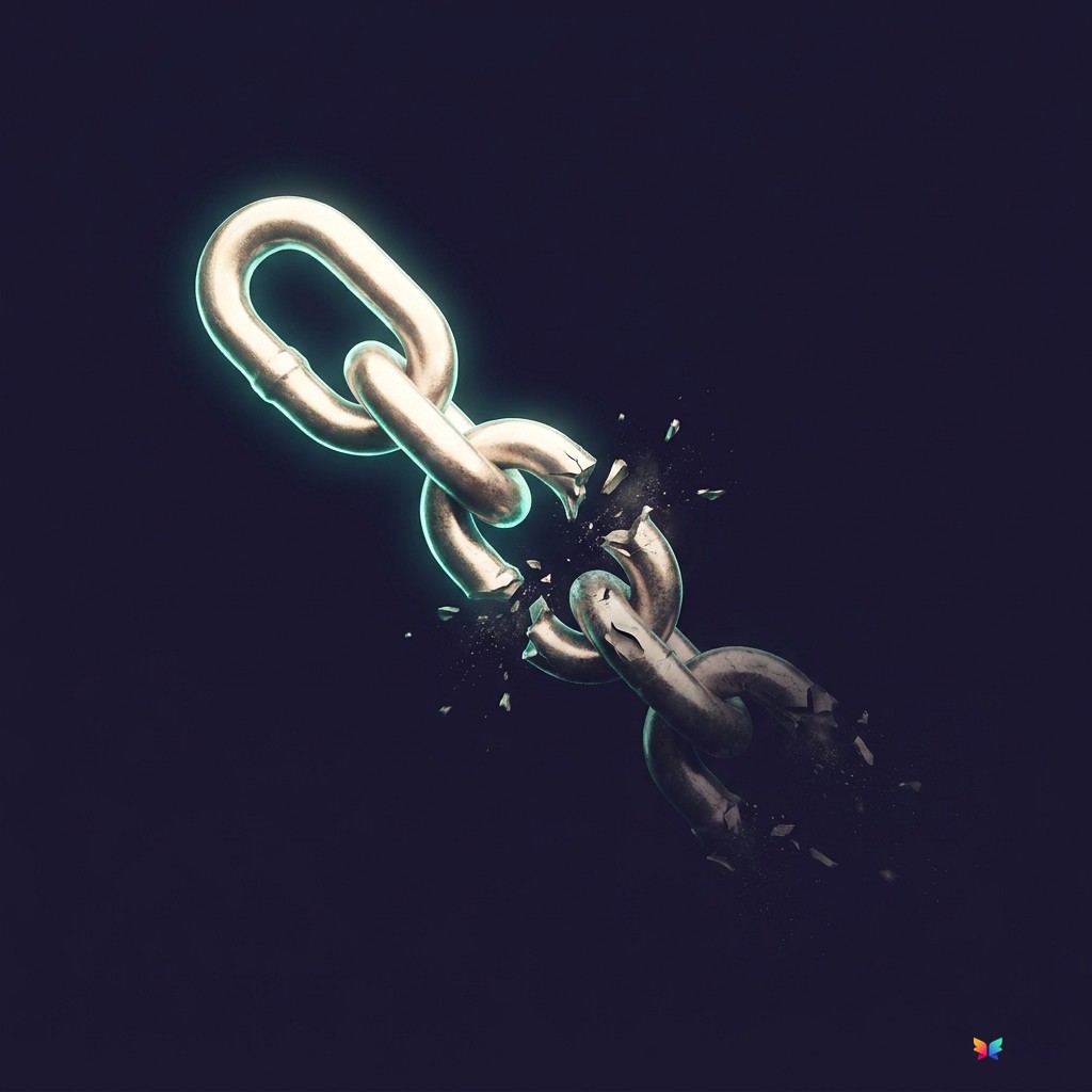 A broken chain link, half intact and glowing, half fracturing apart against a dark navy background