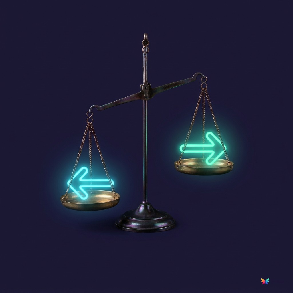 An antique brass balance scale tipped slightly to one side, with cyan arrows pointing in opposite directions on each pan, on a dark navy background