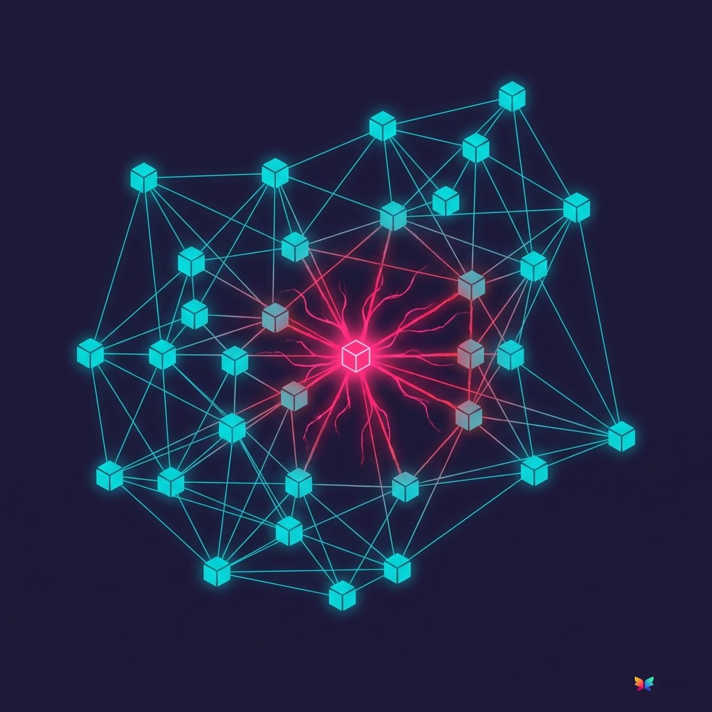 A network of cyan-glowing cube-shaped package nodes connected by lines, with one infected central node radiating red tendrils outward to nearby nodes