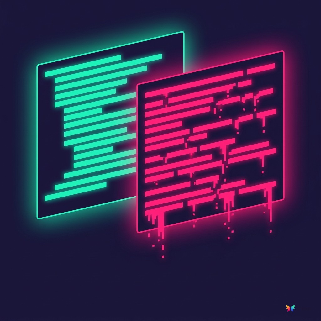 Two overlapping panels resembling code editor windows, the left one glowing mint with clean ordered horizontal syntax bars, the right one glowing pink with jagged broken bars dripping pixel fragments downward, on a dark navy background