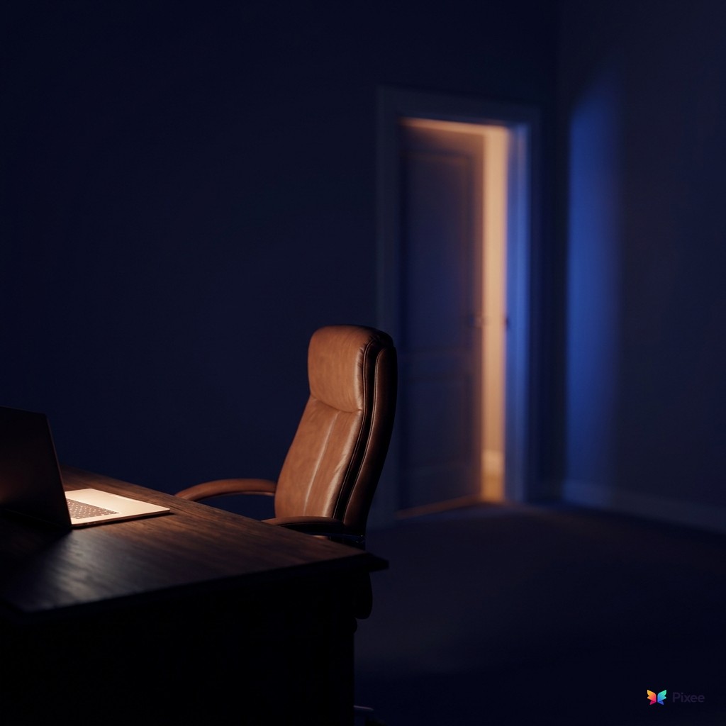 An empty leather executive chair beside a wooden desk with a glowing laptop, a partially open doorway in the background spilling warm light from another room, on a deep navy wall