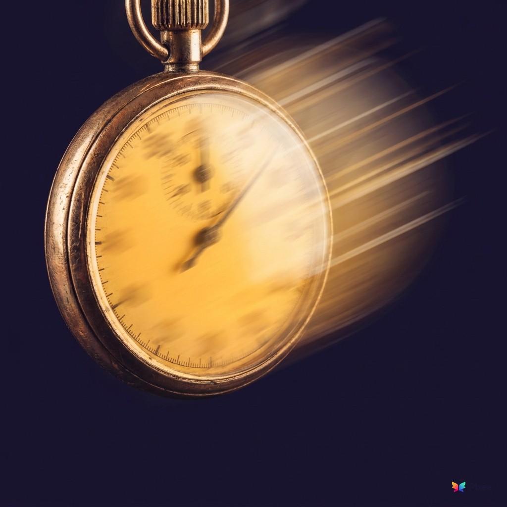 An antique brass pocket watch with motion blur lines trailing behind, suggesting extreme speed, against a dark navy background