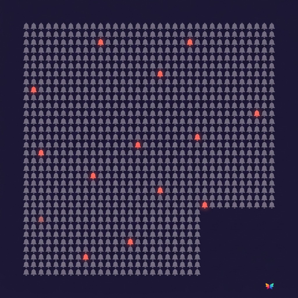 A dense grid of dim notification bells with a few scattered glowing orange ones lost in the visual noise, on a dark navy background